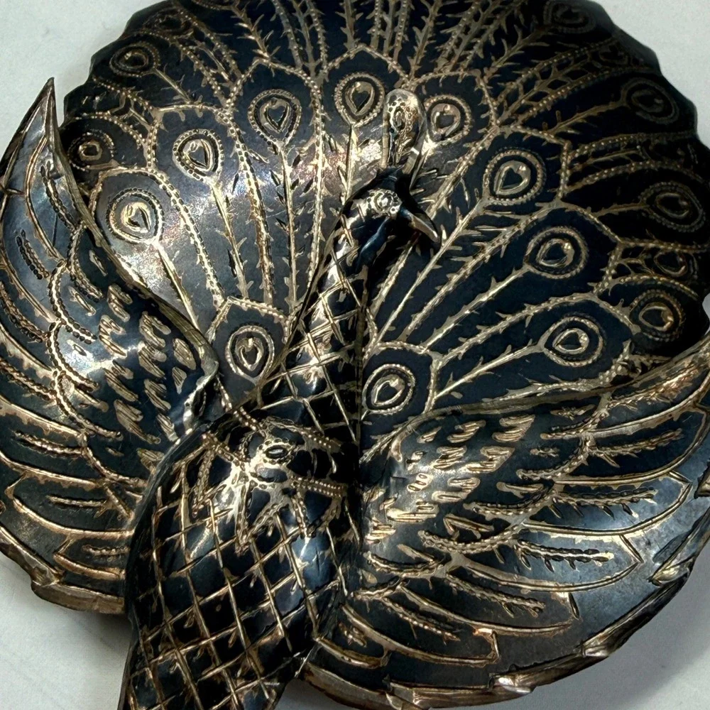 Vintage Siam Sterling Silver Niello Peacock Brooch Hinged Articulated Tail 22.9g